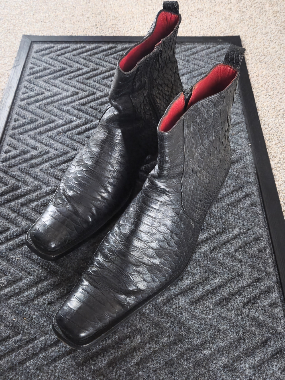 Men's Black Snake Skin Ankle Boots with Red Lining